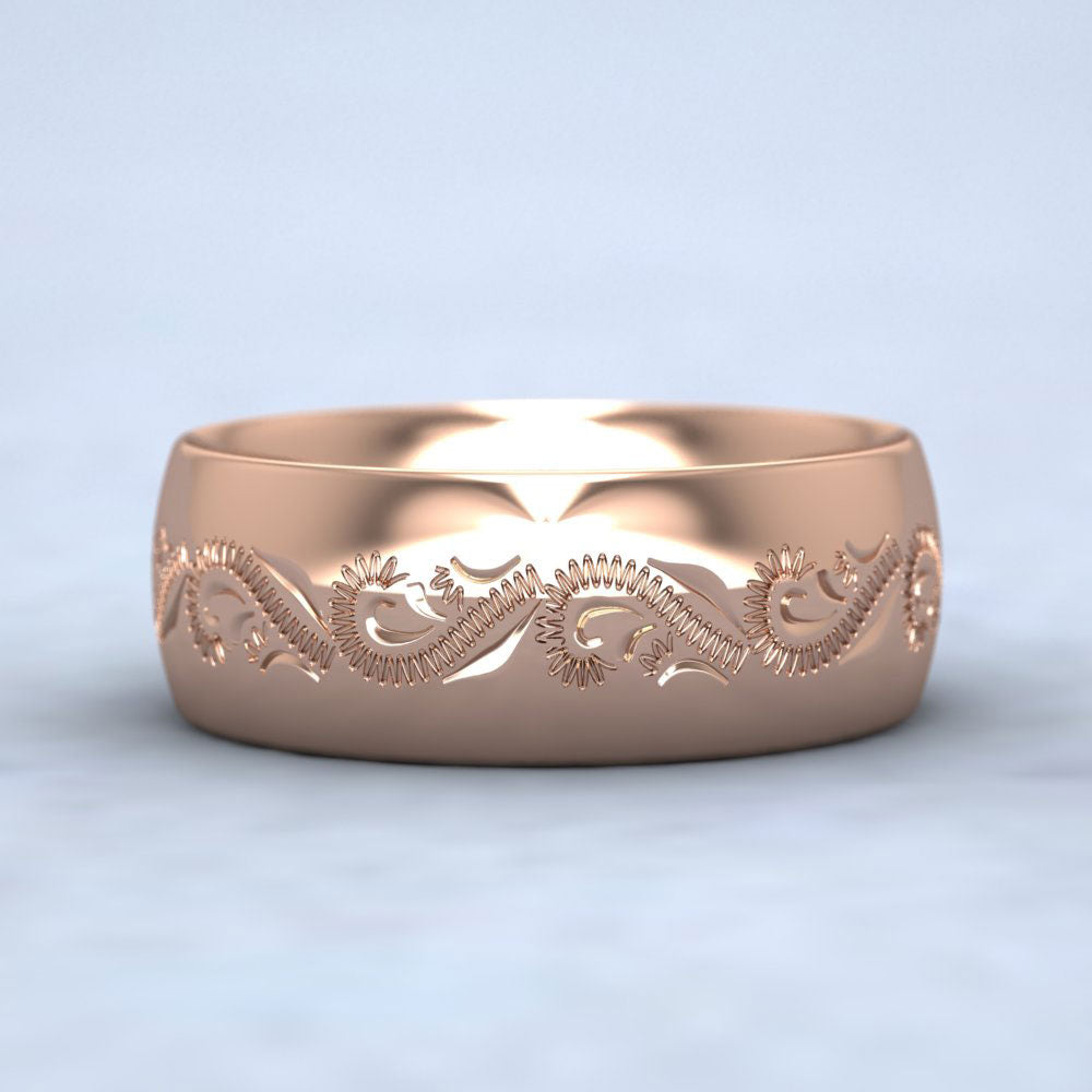 Engraved Court Shape 9ct Rose Gold 8mm Wedding Ring Down View