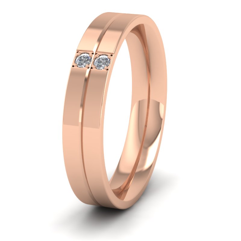 <p>Two Diamond And Line Pattern Flat Wedding Ring In 18ct Rose Gold.  4mm Wide And Court Shaped For Comfortable Fitting</p>