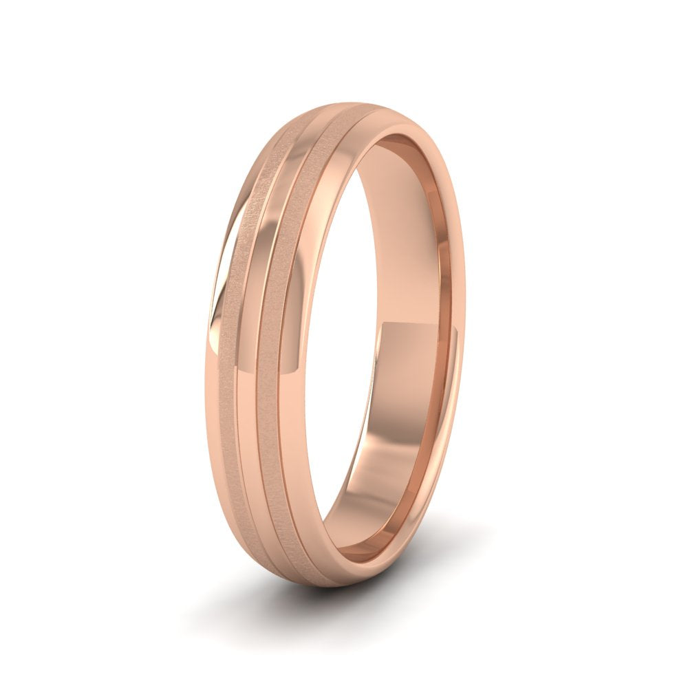 <p>18ct Rose Gold Four Line Pattern With Shiny And Matt Finish Wedding Ring.  4mm Wide And Court Shaped For Comfortable Fitting</p>