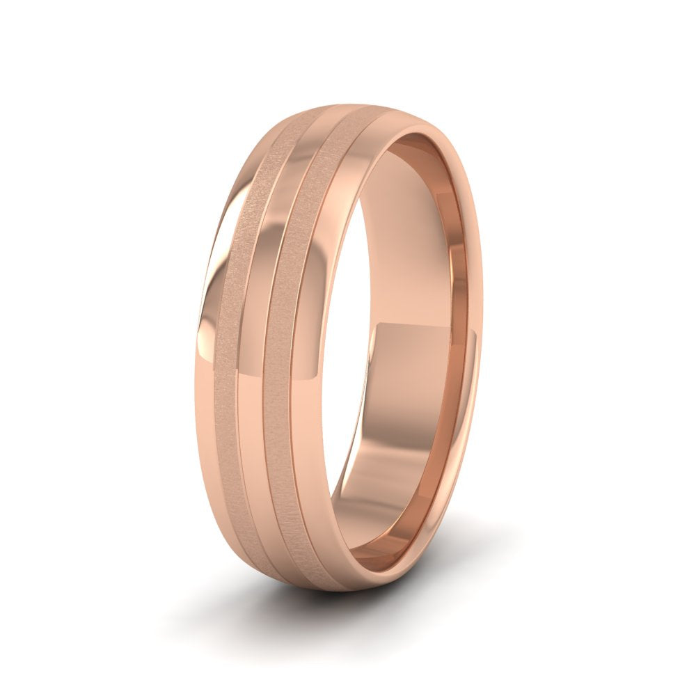 <p>9ct Rose Gold Four Line Pattern With Shiny And Matt Finish Wedding Ring.  6mm Wide And Court Shaped For Comfortable Fitting</p>