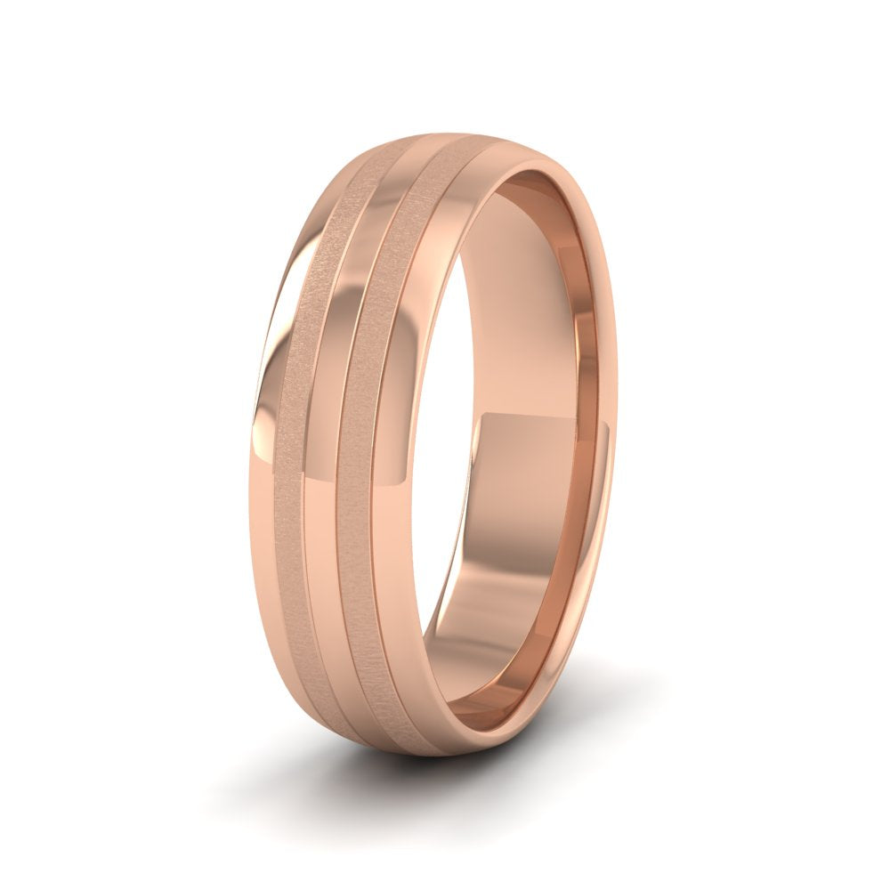 <p>18ct Rose Gold Four Line Pattern With Shiny And Matt Finish Wedding Ring.  6mm Wide And Court Shaped For Comfortable Fitting</p>