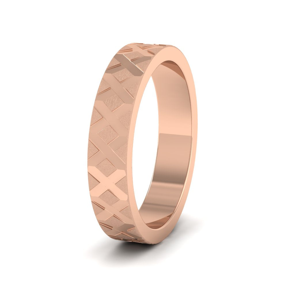 <p>18ct Rose Gold Diagonal Cross Pattern Flat Wedding Ring.  4mm Wide With A Contrasting Shiny And Matt Finish</p>