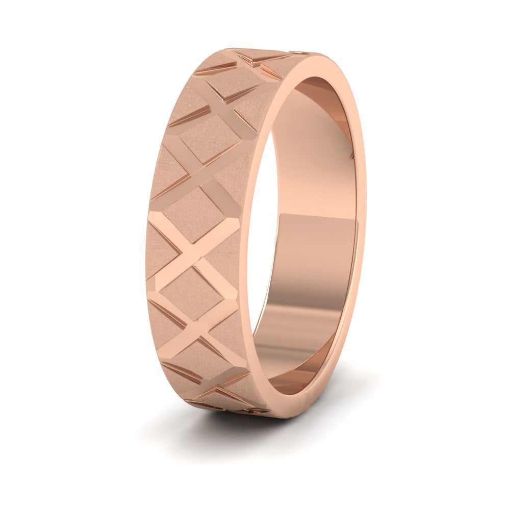 <p>18ct Rose Gold Diagonal Cross Pattern Flat Wedding Ring.  6mm Wide With A Contrasting Shiny And Matt Finish</p>