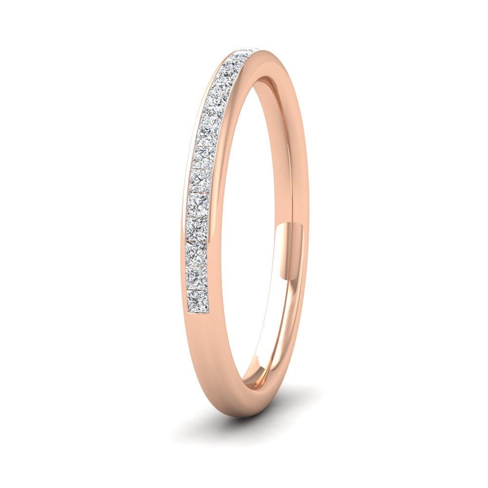 <p>18ct Rose Gold Princess Cut Diamond 0.25ct Half Channel Set Flat Wedding Ring.  2mm Wide And Court Shaped For Comfortable Fitting</p>