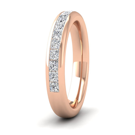 <p>18ct Rose Gold Princess Cut Diamond 0.75ct Half Channel Set Flat Wedding Ring.  35mm Wide And Court Shaped For Comfortable Fitting</p>