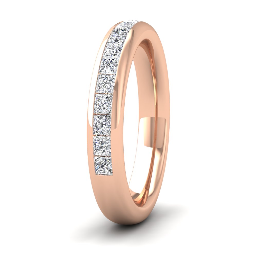 <p>9ct Rose Gold Princess Cut Diamond 0.75ct Half Channel Set Flat Wedding Ring.  35mm Wide And Court Shaped For Comfortable Fitting</p>