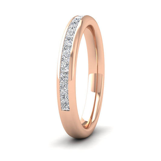 <p>9ct Rose Gold Princess Cut Diamond 0.5ct Half Channel Set Flat Wedding Ring.  3mm Wide And Court Shaped For Comfortable Fitting</p>