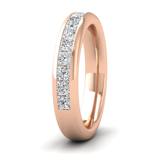 <p>18ct Rose Gold Princess Cut Diamond 1.05ct Half Channel Set Flat Wedding Ring.  4mm Wide And Court Shaped For Comfortable Fitting</p>