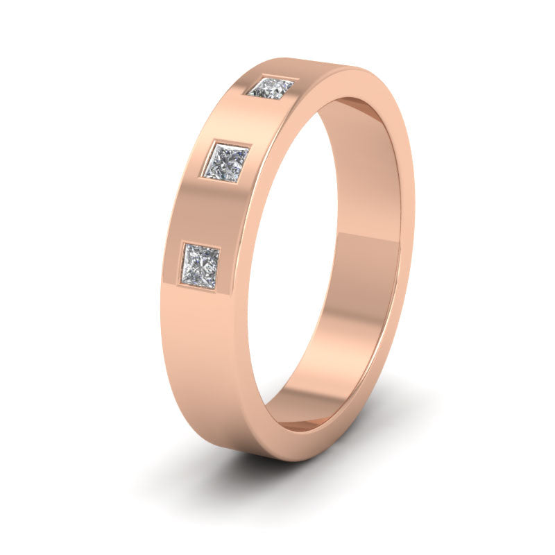 <p>9ct Rose Gold Three Stone Princess Cut Diamond Set (0.12ct) Flat Wedding Ring.  4mm Wide </p>