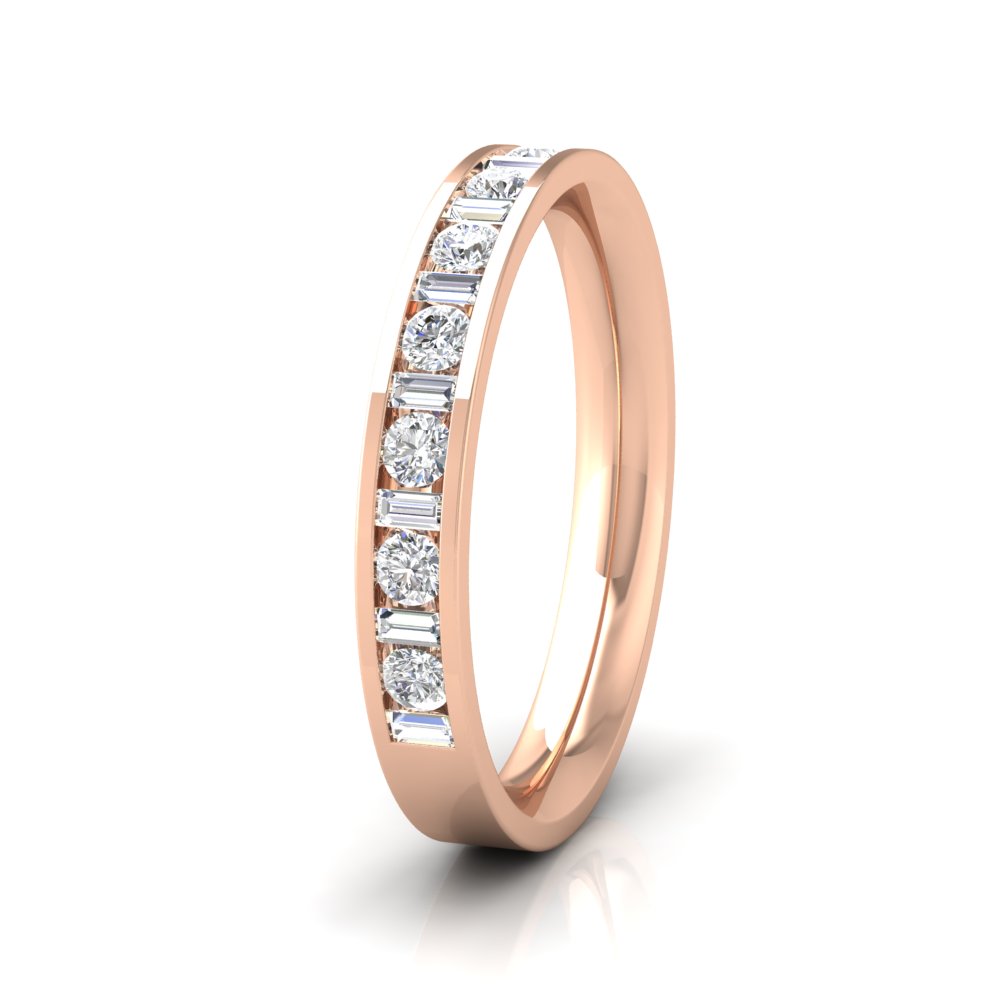 <p>18ct Rose Gold Channel Set Alternate Baguette And Round Diamond Ring (0.5ct). 3mm Wide And Court Shaped For Comfortable Fitting</p>