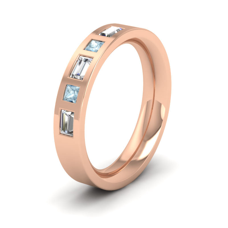 <p>9ct Rose Gold Aquamarine And Diamond Set (0.4ct VS, F/G) Flat Wedding Ring.  4mm Wide And Court Shaped For Comfortable Fitting</p>