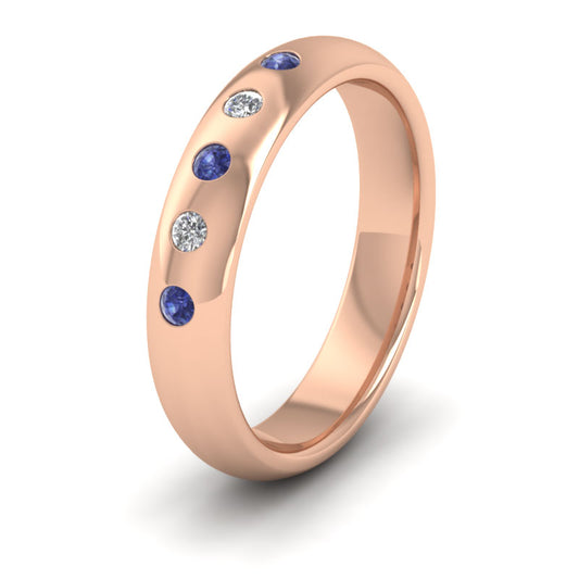 <p>9ct Rose Gold Blue Sapphire And Diamond Flush Set Wedding Ring.  4mm Wide And Court Shaped For Comfortable Fitting</p>