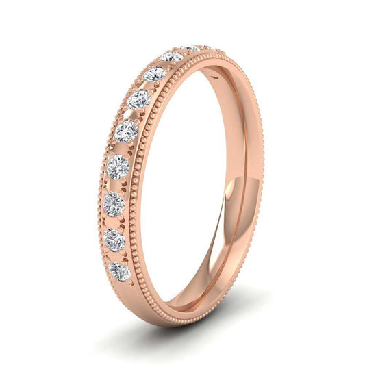<p>18ct Rose Gold Diamond Set (0.24ct) With Millgrain Edge Wedding Ring.  3mm Wide And Court Shaped For Comfortable Fitting</p>