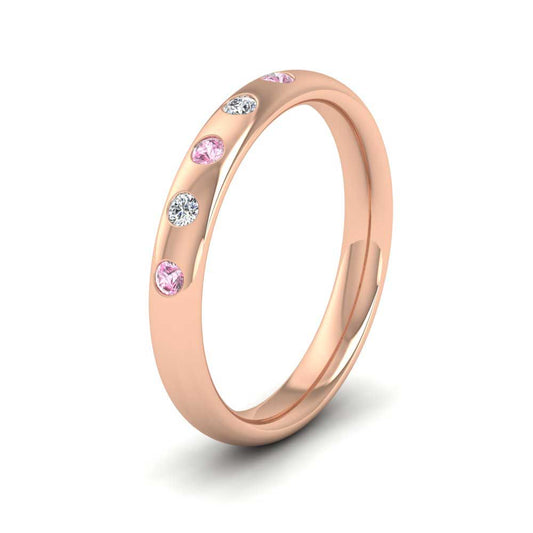 <p>18ct Rose Gold Pink Sapphire And Diamond Flush Set Wedding Ring.  3mm Wide And Court Shaped For Comfortable Fitting</p>