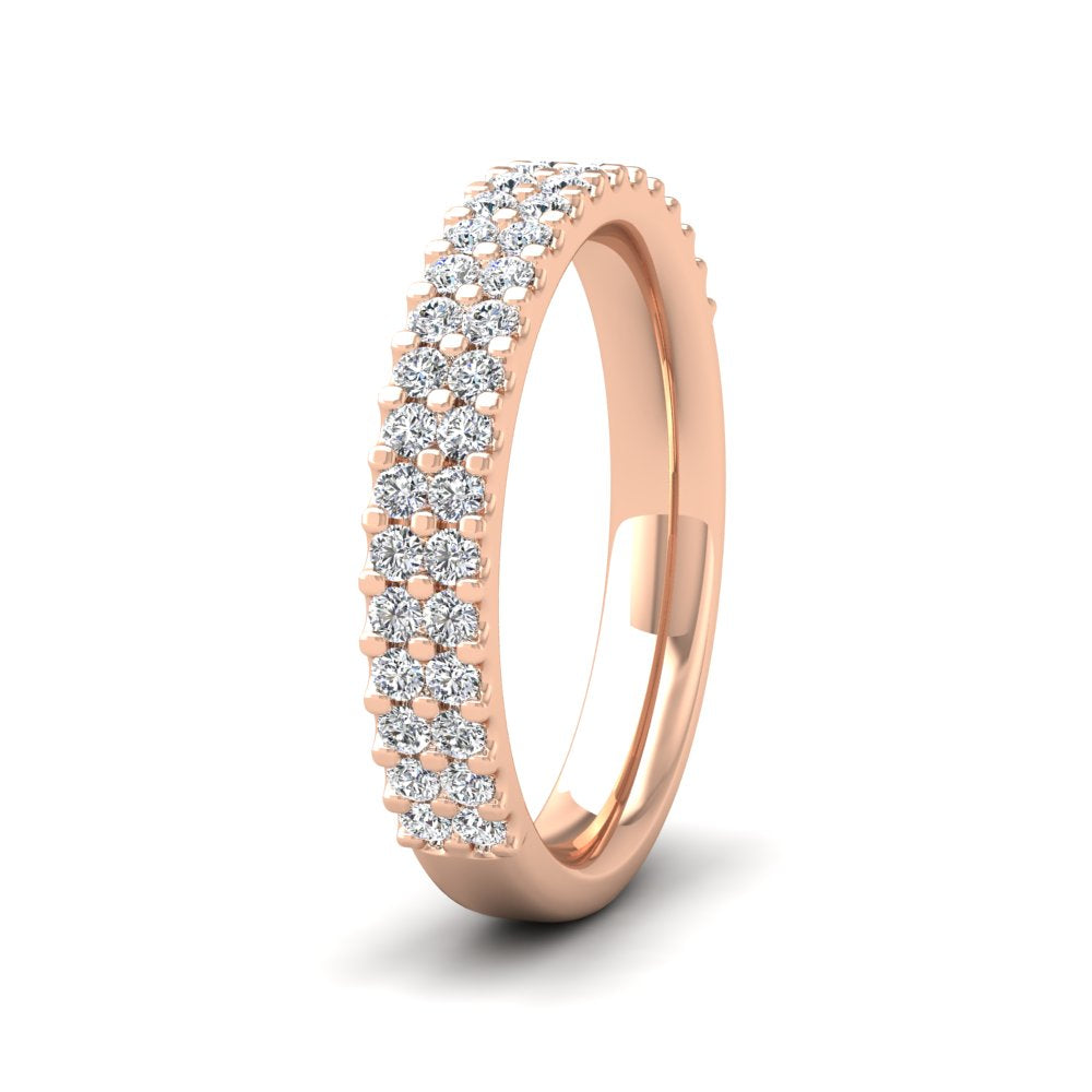 <p>18ct Rose Gold Two Row Round Claw 0.5ct Half Diamond Set Wedding Ring.  35mm Wide And Court Shaped For Comfortable Fitting</p>