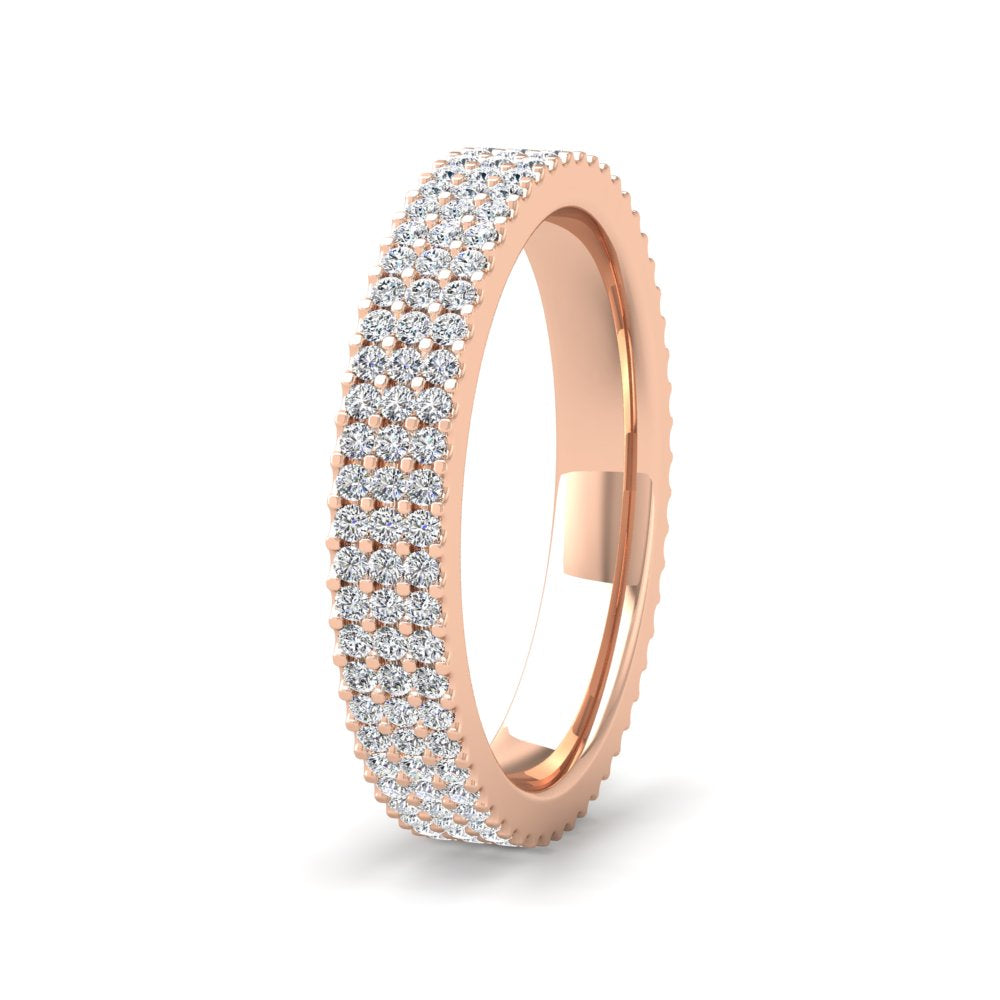 <p>9ct Rose Gold Three Row Round Claw 0.75ct Full Diamond Set Wedding Ring.  4mm Wide And Court Shaped For Comfortable Fitting</p>