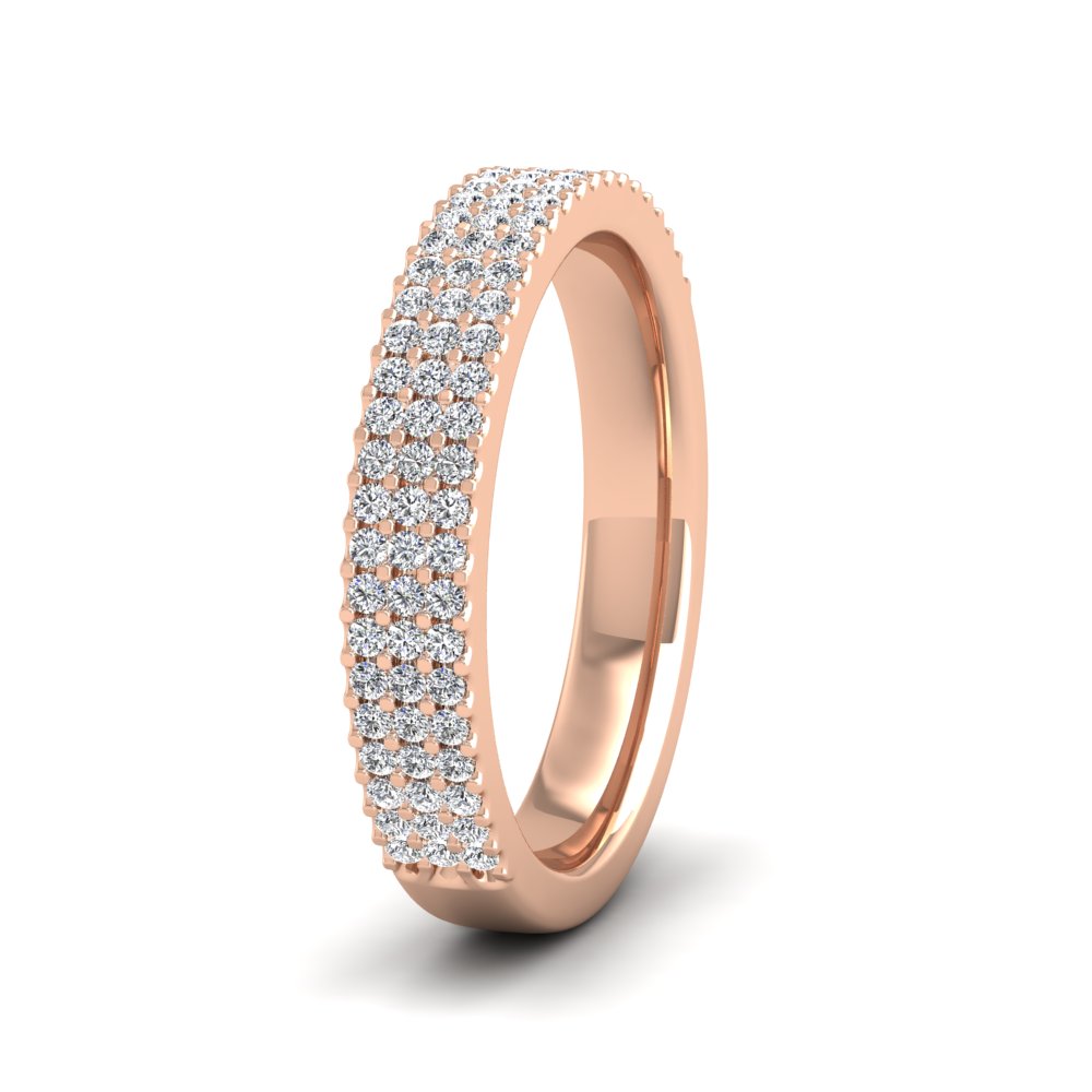 <p>18ct Rose Gold Three Row Round Claw 0.4ct Half Diamond Set Wedding Ring.  4mm Wide And Court Shaped For Comfortable Fitting</p>