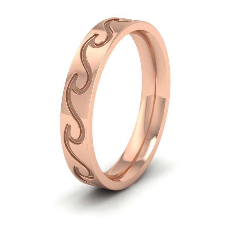 <p>18ct Rose Gold Wave Pattern Flat Wedding Ring.  4mm Wide And Court Shaped For Comfortable Fitting</p>