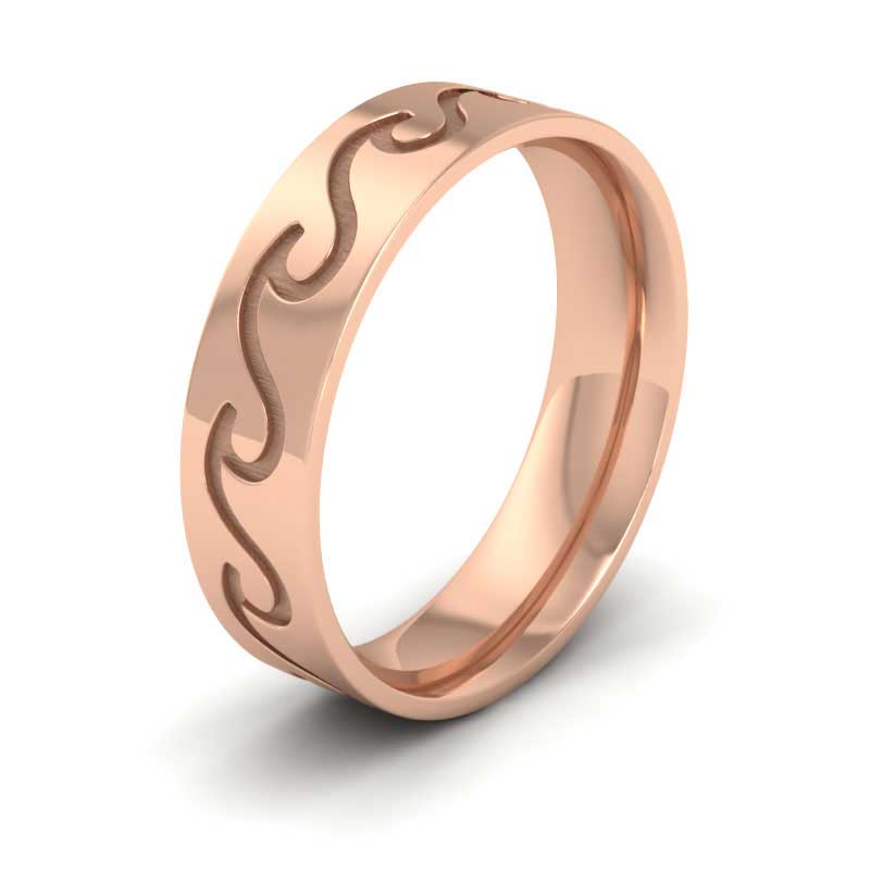<p>18ct Rose Gold Wave Pattern Flat Wedding Ring.  6mm Wide And Court Shaped For Comfortable Fitting</p>