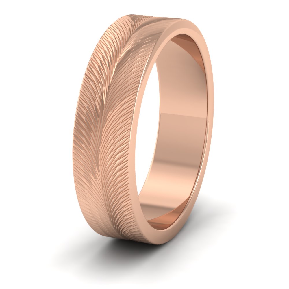 <p>18ct Rose Gold Feather Pattern Flat Wedding Ring.  6mm Wide And Court Shaped For Comfortable Fitting</p>
