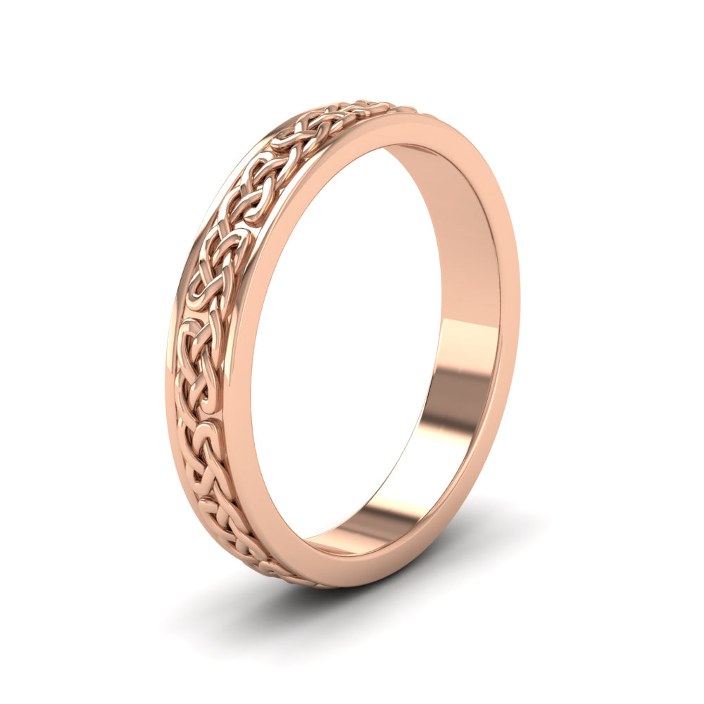 <p>Celtic Pattern With Edge Flat Wedding Ring In 18ct Rose Gold With Edge.  4mm Wide </p>