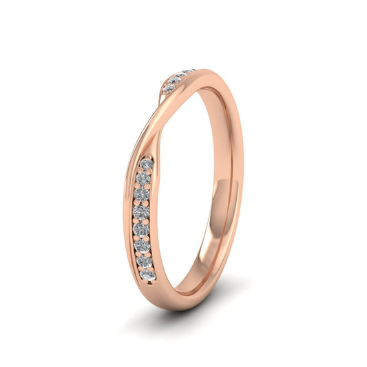 <p>18ct Rose Gold Crossover Pattern Wedding Ring With Sixteen Set Diamonds.  25mm Wide And Court Shaped For Comfortable Fitting.  Suitable For Fitting Next To Single Stone Rings Where The Stone And Setting Protrude Up To 0.75mm Away From The Edge Of The Ring.</p>