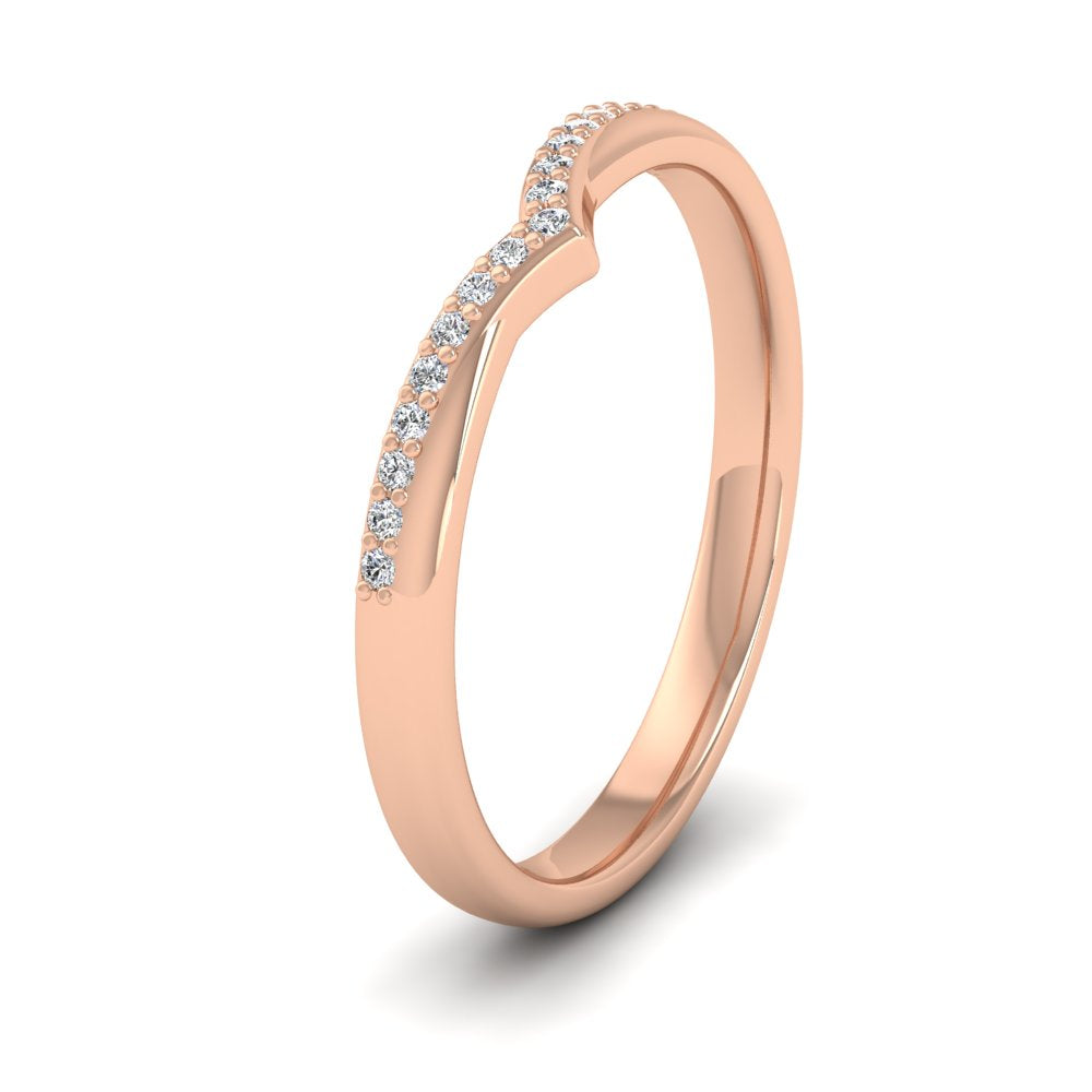 <p>18ct Rose Gold Crossover V Shape Round Diamond Set Wedding Ring.  225mm Wide And Court Shaped For Comfortable Fitting.  Suitable For Fitting Next To Single Stone Rings Where The Stone And Setting Protrude Up To 1.5mm Away From The Edge Of The Ring.</p>