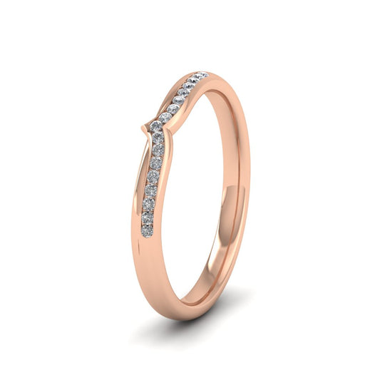 <p>9ct Rose Gold V Shape Round Diamond Channel Set Wedding Ring.  225mm Wide And Court Shaped For Comfortable Fitting.  Suitable For Fitting Next To Single Stone Rings Where The Stone And Setting Protrude Up To 1.5mm Away From The Edge Of The Ring.</p>