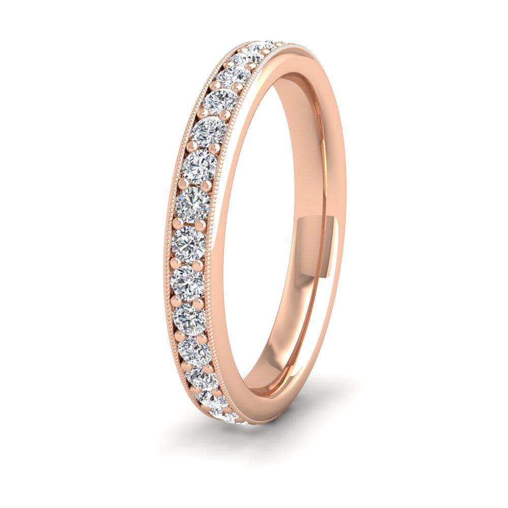 <p>18ct Rose Gold Full Bead Set 0.8ct Round Brilliant Cut Diamond With Millgrain Surround Wedding Ring.  3mm Wide And Court Shaped For Comfortable Fitting</p>