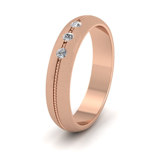 Three Diamond And Centre Millgrain Pattern 18ct Rose Gold 4mm Wedding Ring