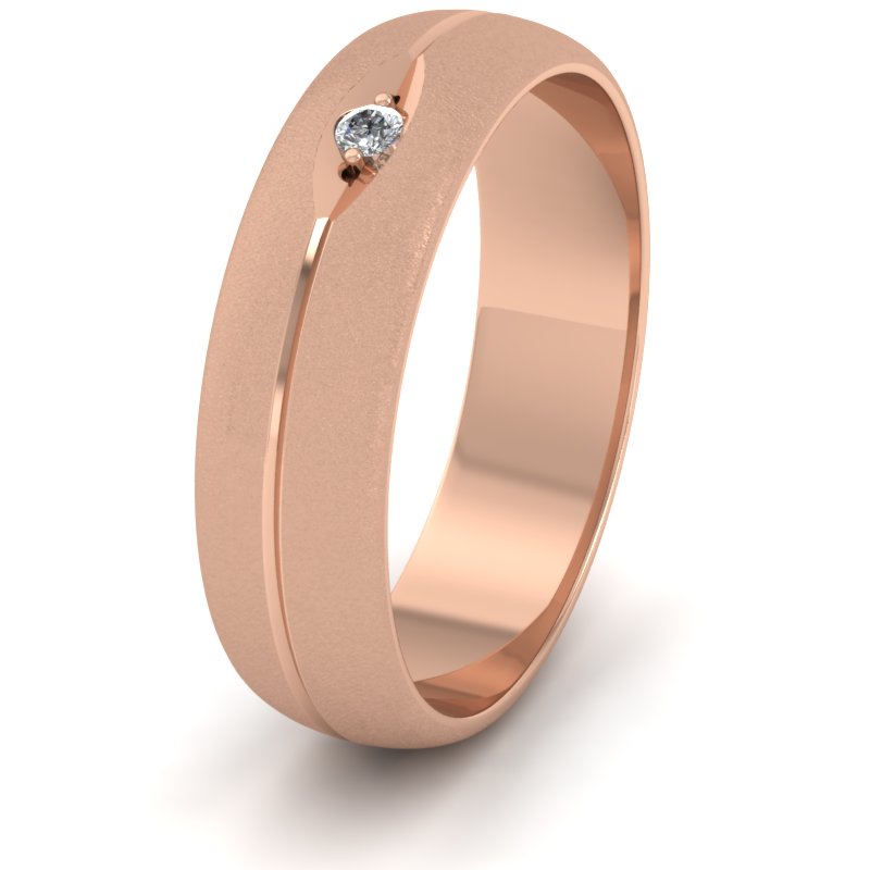 Diamond Set And Centre Line Pattern 18ct Rose Gold 6mm Wedding Ring