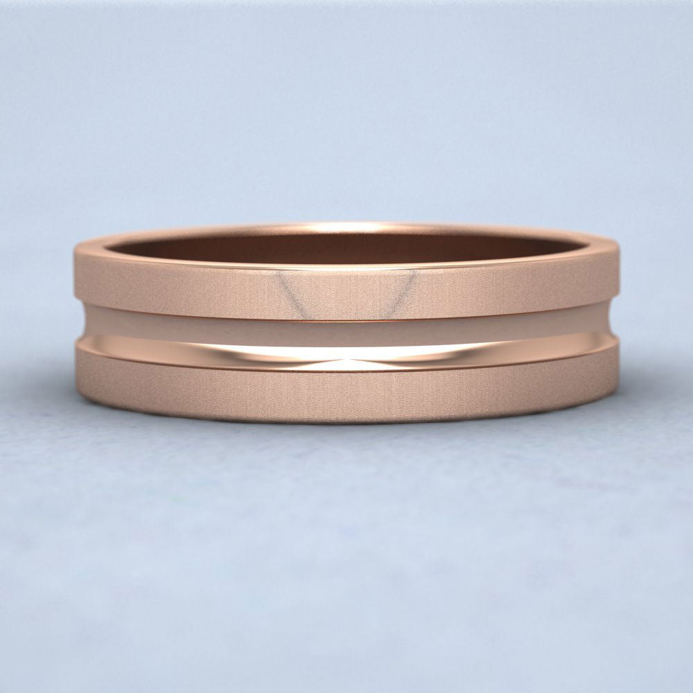 Bullnose Groove Pattern Flat 9ct Rose Gold 6mm Flat Wedding Ring Down View