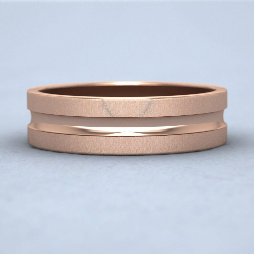Bullnose Groove Pattern Flat 18ct Rose Gold 6mm Flat Wedding Ring Down View