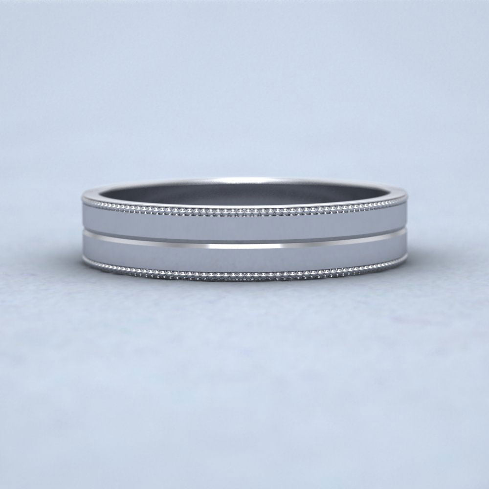 Millgrain And Line Pattern 9ct White Gold 4mm Flat Wedding Ring Down View
