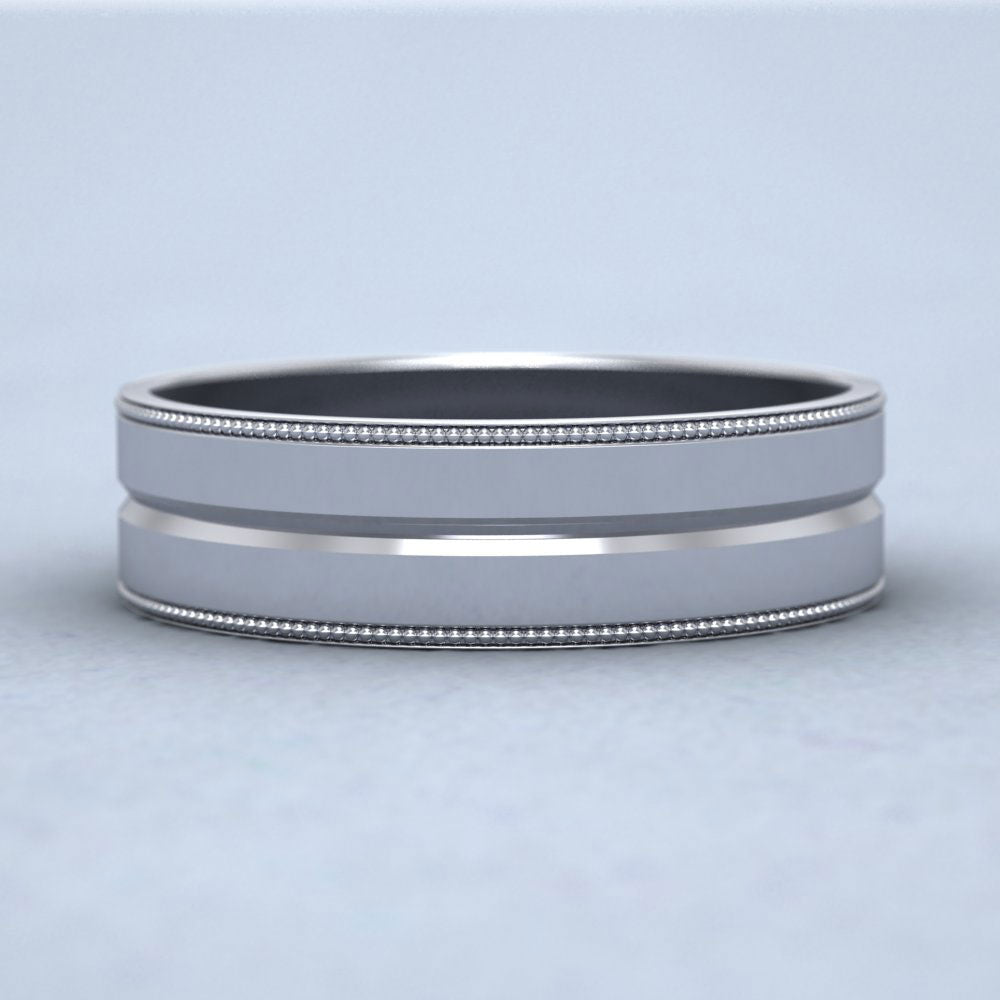 Millgrain And Line Pattern 14ct White Gold 6mm Flat Wedding Ring Down View