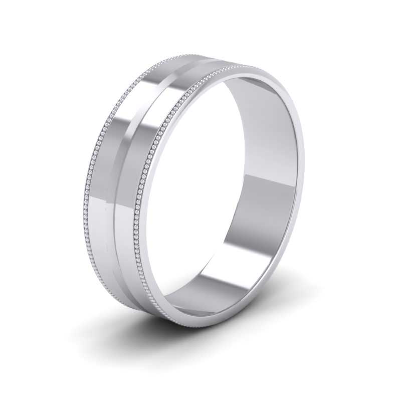 Millgrain And Line Pattern 14ct White Gold 6mm Flat Wedding Ring