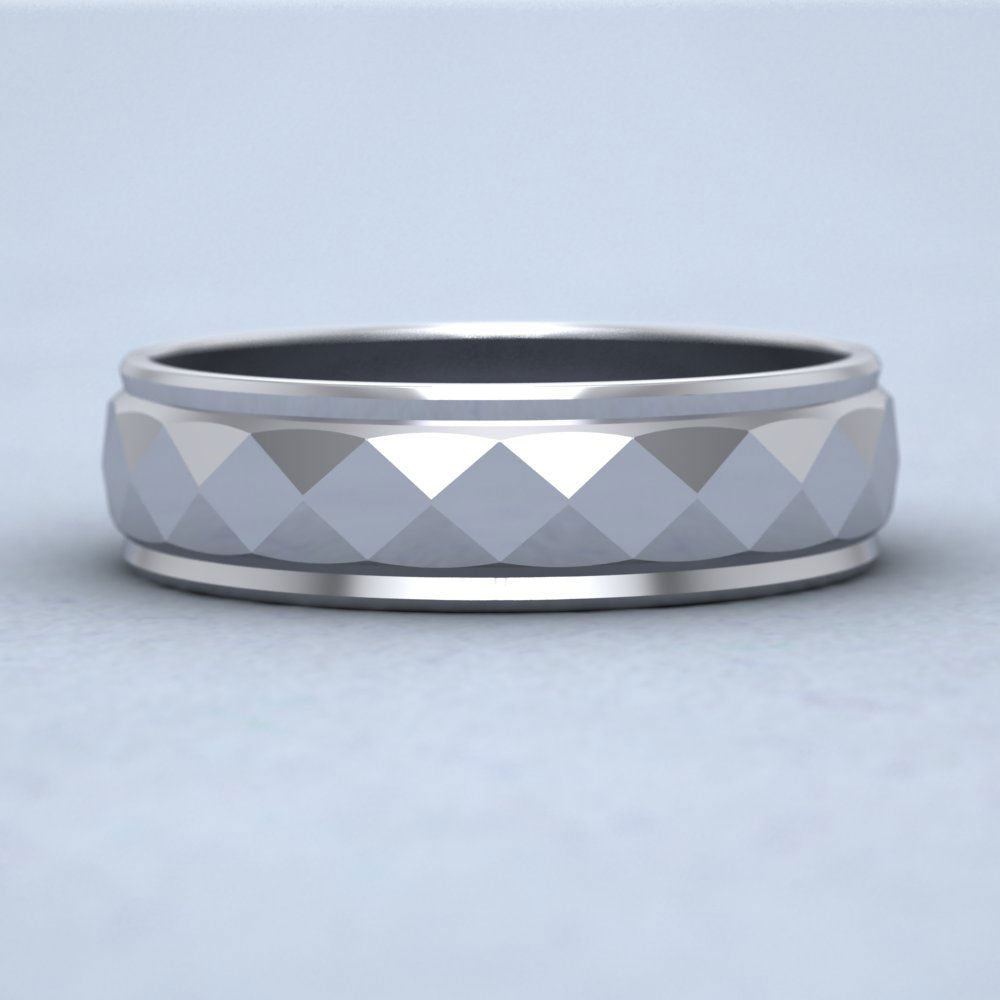 Facet And Line Pattern 9ct White Gold 6mm Wedding Ring Down View