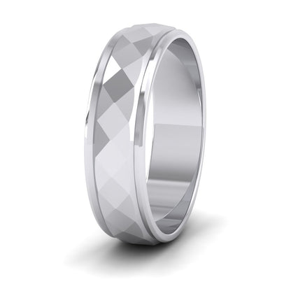 Facet And Line Pattern 14ct White Gold 6mm Wedding Ring