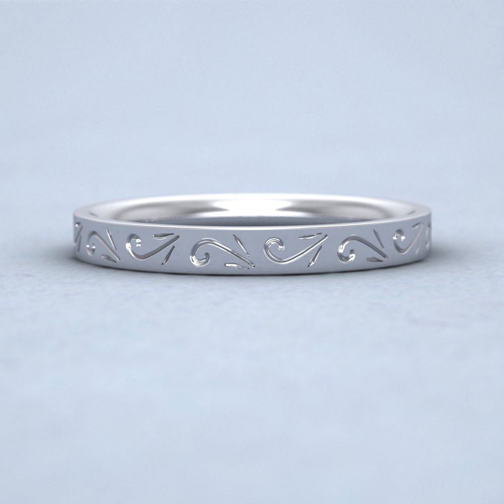 Engraved Flat 18ct White Gold 2.5mm Wedding Ring Down View