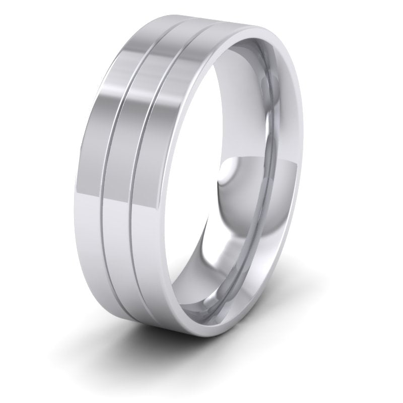 14ct White Gold 7mm Wedding Ring With Lines