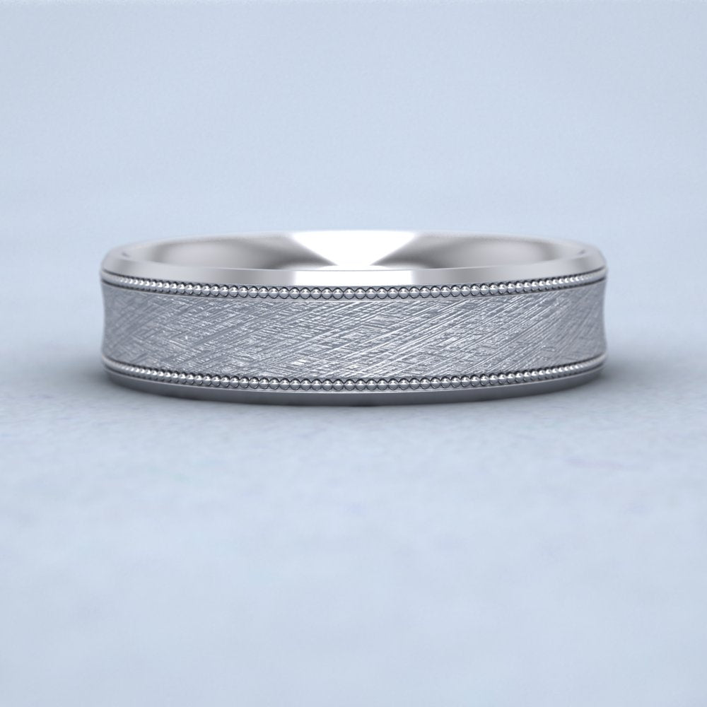 Hatched Centre And Millgrain Patterned 18ct White Gold 5mm Wedding Ring Down View
