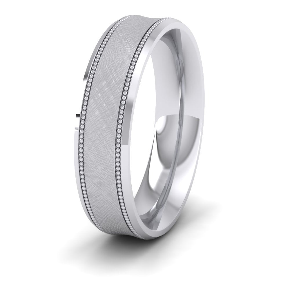 Hatched Centre And Millgrain Patterned 14ct White Gold 5mm Wedding Ring