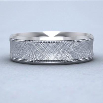 Hatched Centre And Millgrain Patterned 9ct White Gold 7mm Wedding Ring Down View