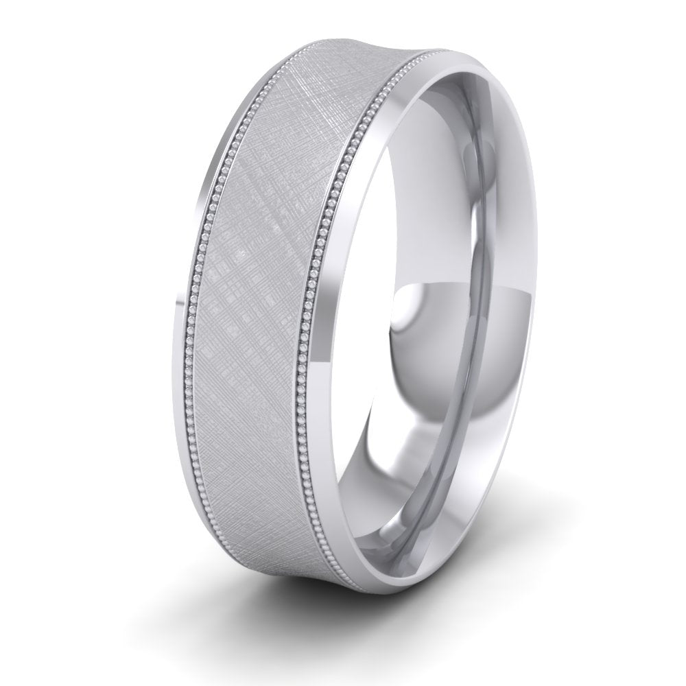 Hatched Centre And Millgrain Patterned 18ct White Gold 7mm Wedding Ring