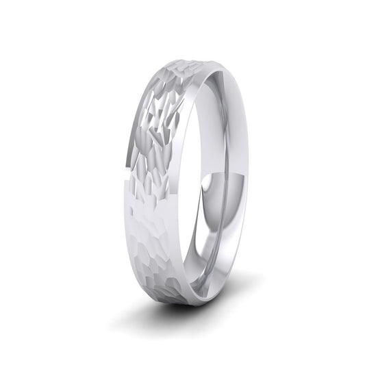 Bevelled Edge And Hammered Centre 18ct White Gold 4mm Wedding Ring