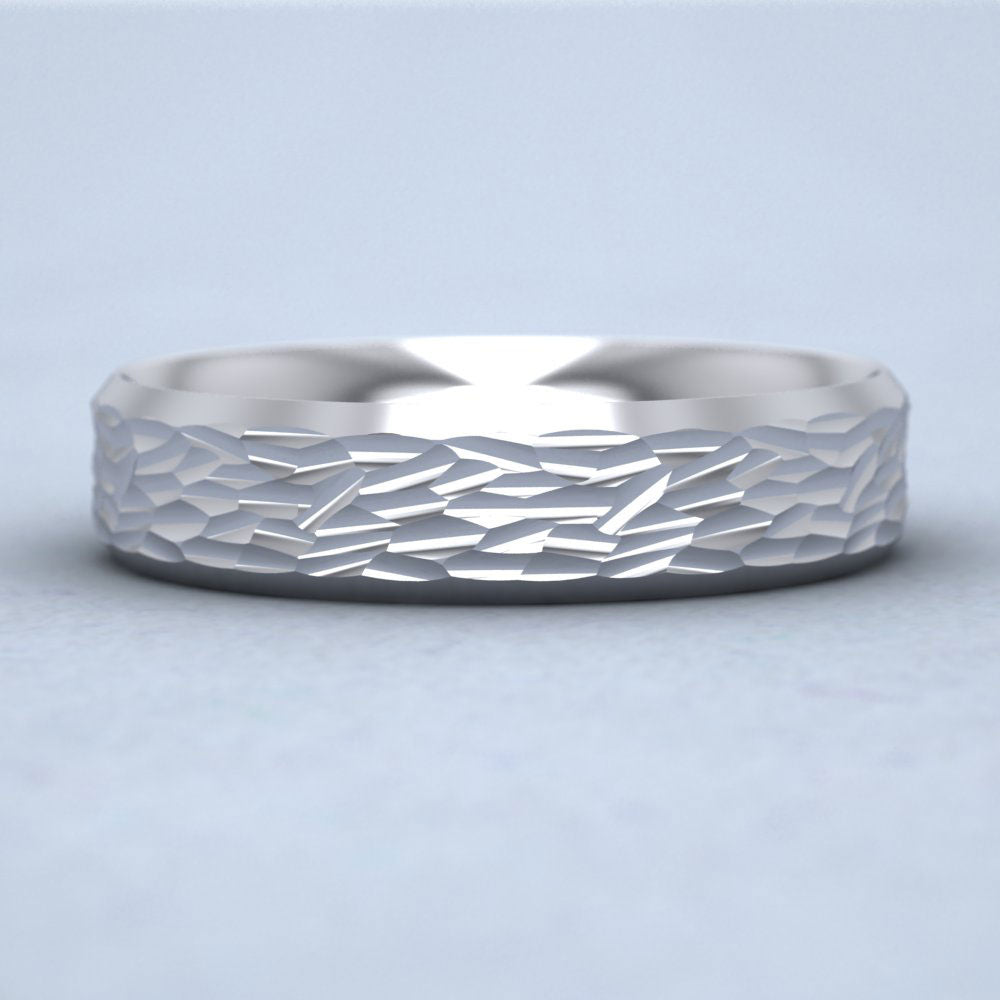 Bevelled Edge And Hammered Centre Sterling Silver 5mm Wedding Ring Down View
