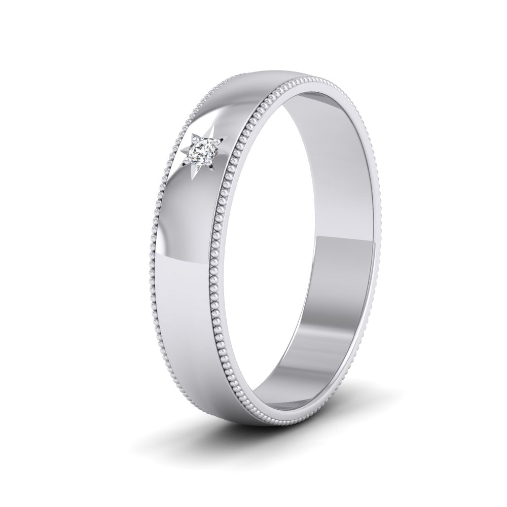 Millgrained Edge And Single Star Diamond Set 14ct White Gold 4mm Wedding Ring
