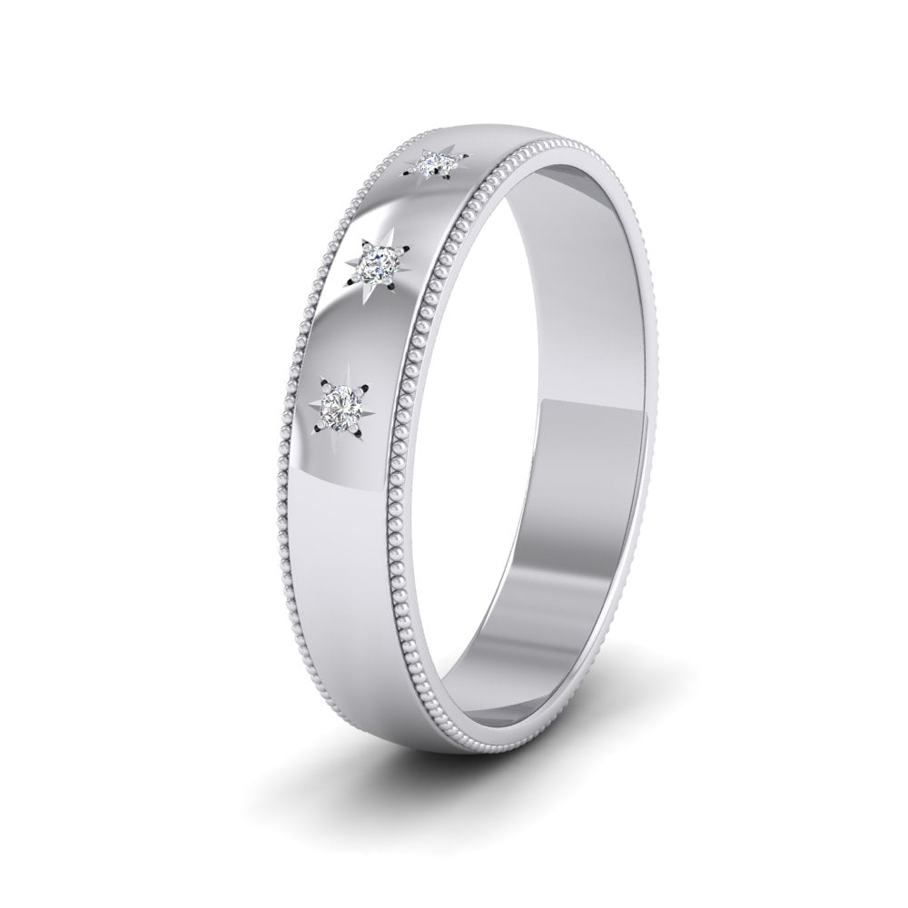 Millgrained Edge And Three Star Diamond Set 9ct White Gold 4mm Wedding Ring