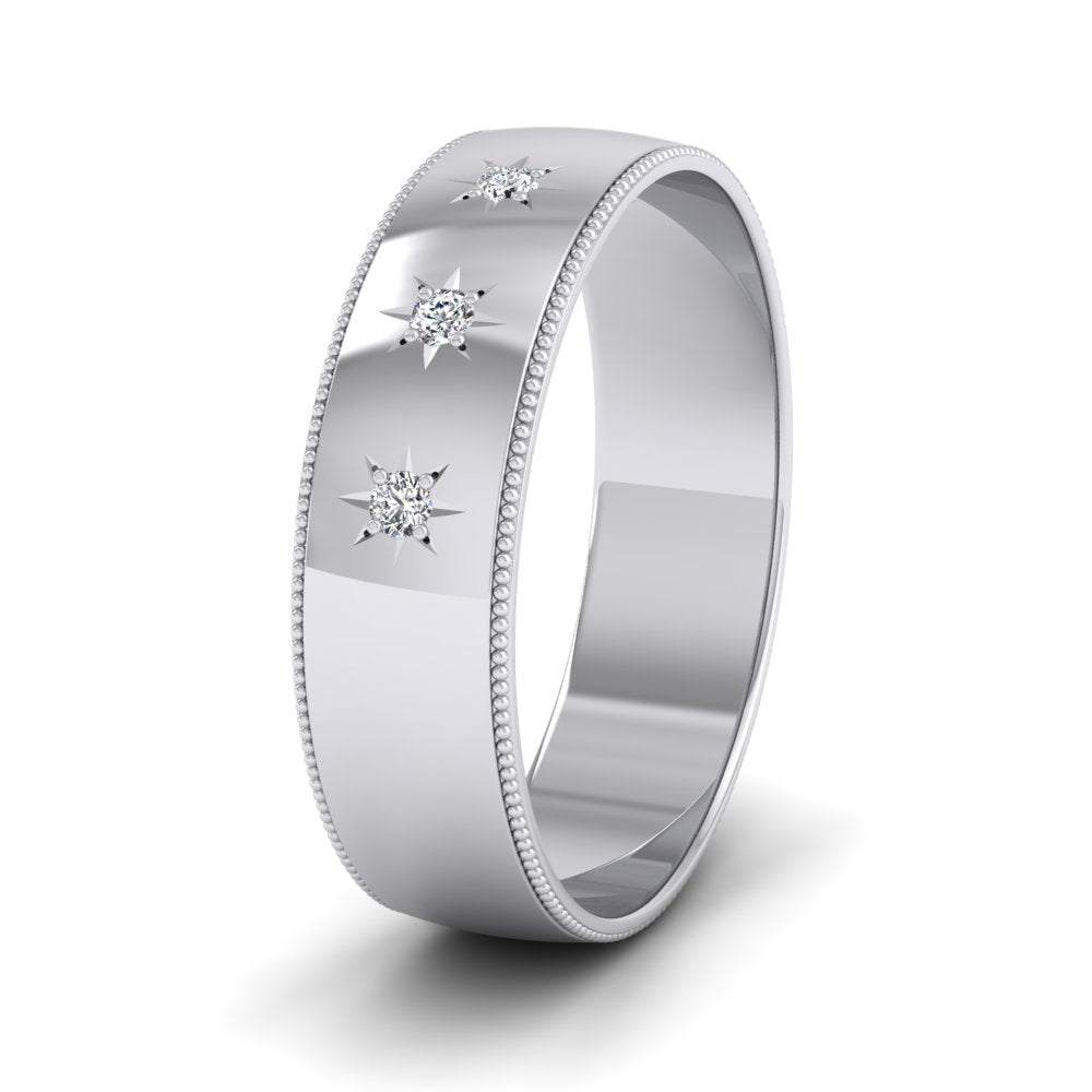 Millgrained Edge And Three Star Diamond Set 9ct White Gold 6mm Wedding Ring