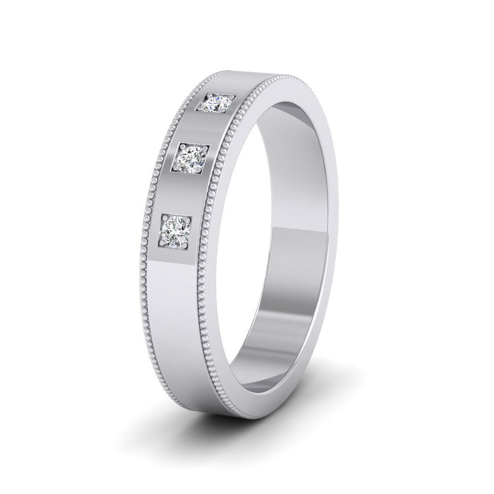 Three Diamonds With Square Setting 9ct White Gold 4mm Wedding Ring With Millgrain Edge